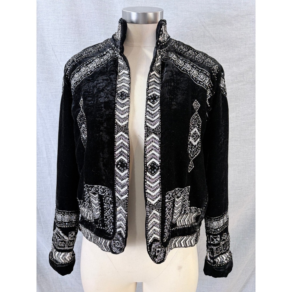 Raga Lunar Eclipse Velvet‎ Beaded Sequin Jacket Black Silver XS Festival Luxe